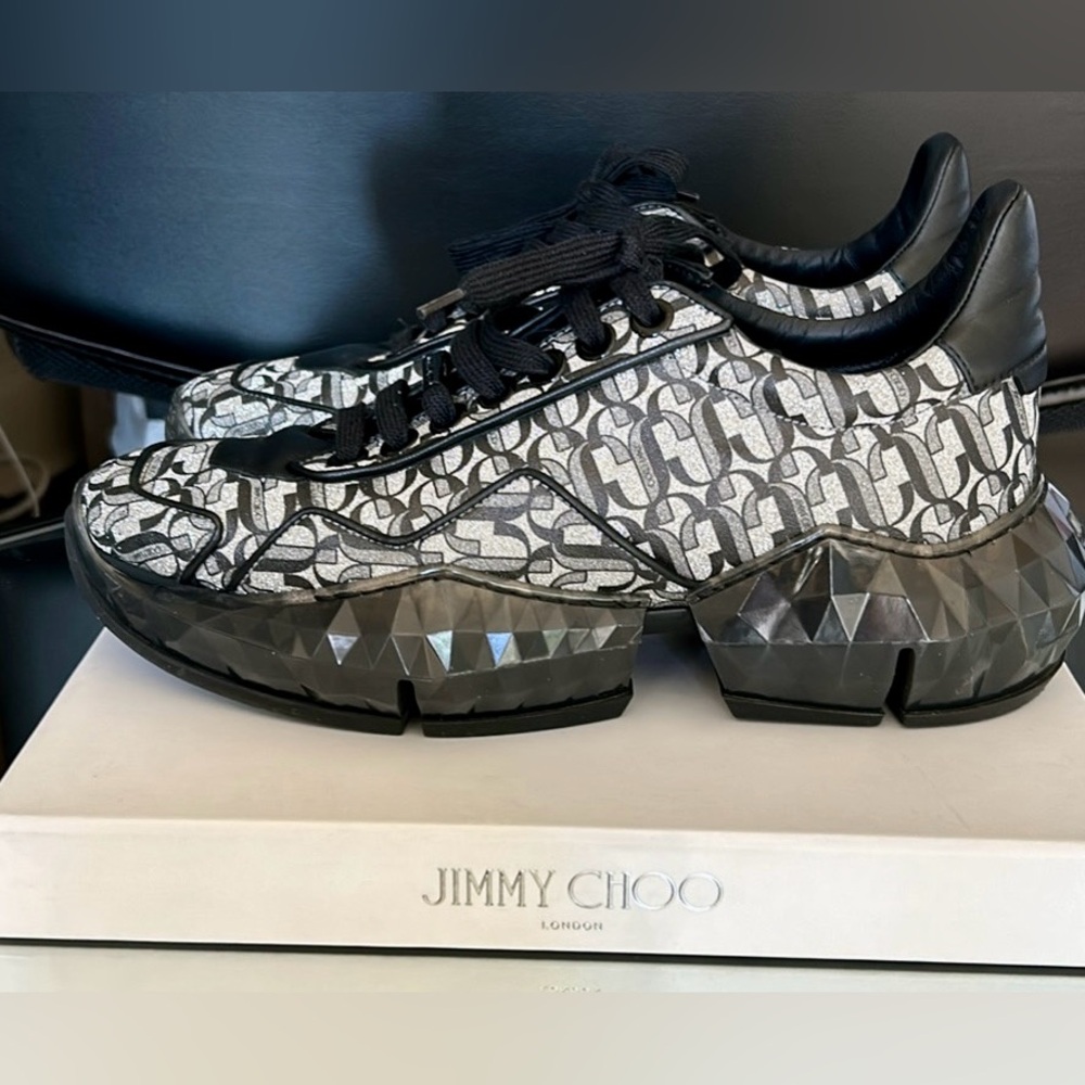 Jimmy Choo Black Leather Monogram Diamond Sneakers Size 39